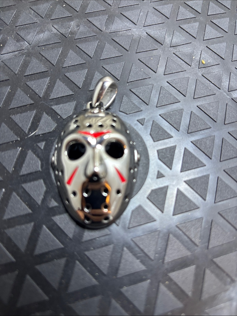 Silver Hockey Mask Pendant with Red Accents - Men Accessories